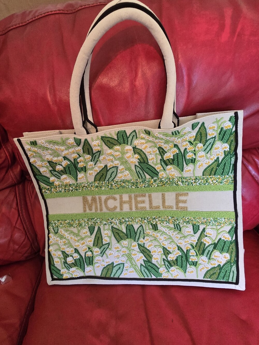 Michele White Canvas Tote with Green Floral Beading and Gold Logo